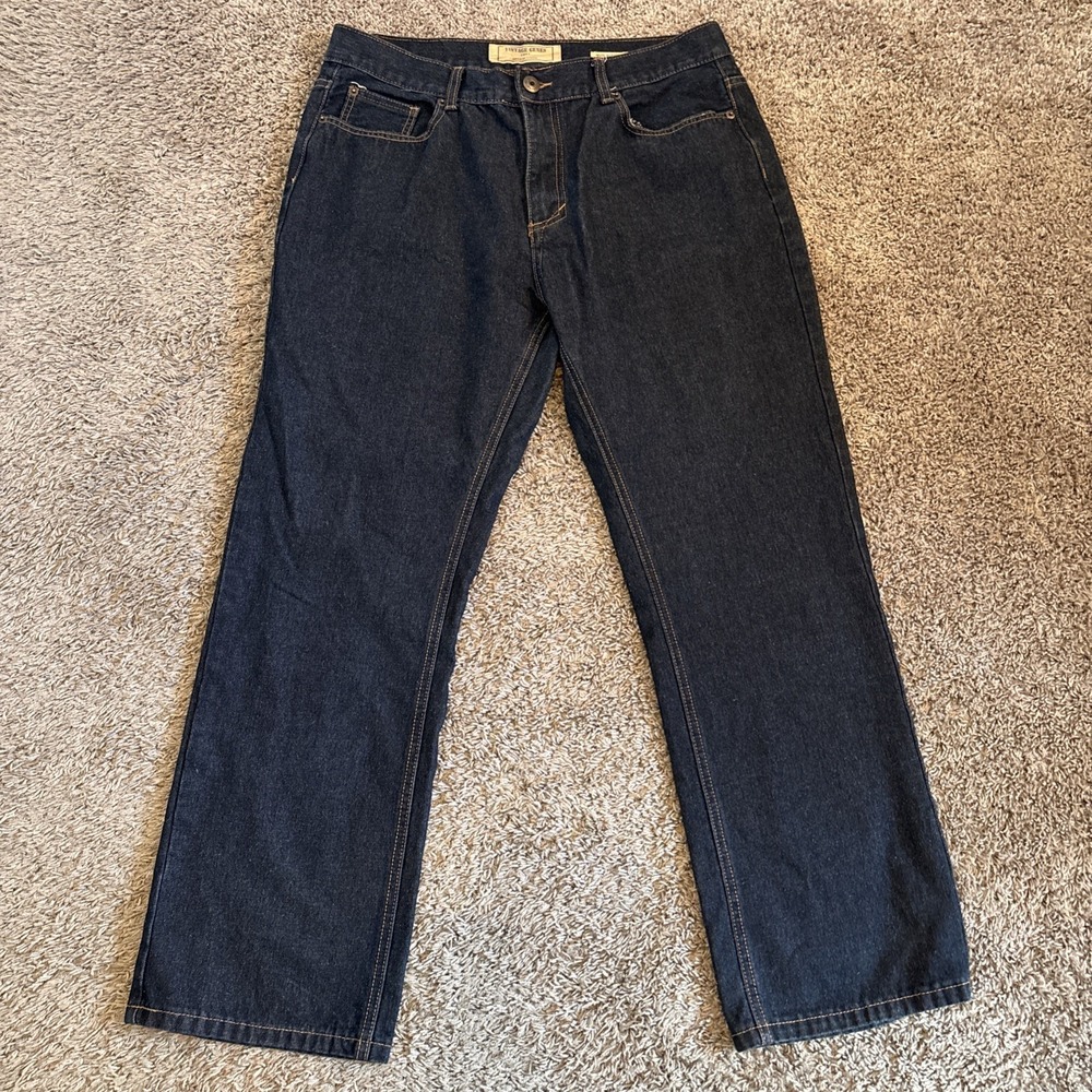 Vintage Genes Jeans Mens 38x32 Blue Denim Straight Workwear Slim Dark Wash